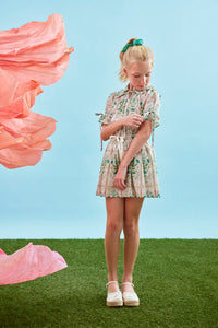 The Rosie Skirt in Pink Trellis paired with matching Kids Mayfair Top.