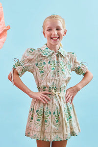 The Kids Mayfair Top in Pink Trellis paired with matching Rosie Skirt.