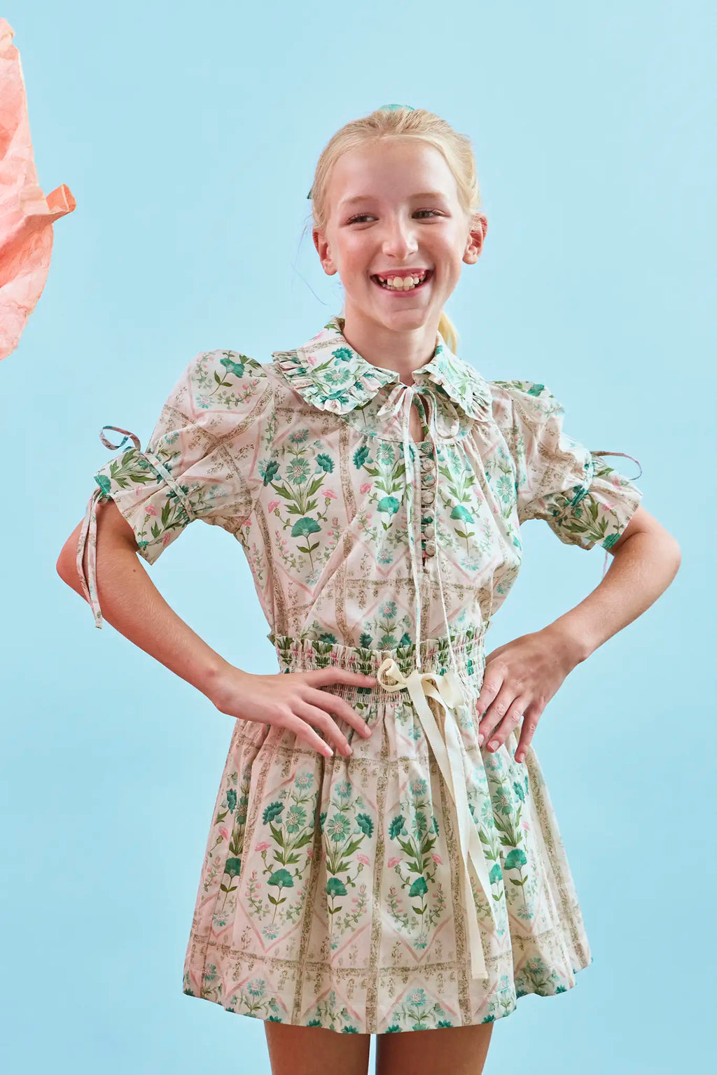 The Rosie Skirt in Pink Trellis paired with matching Kids Mayfair Top.