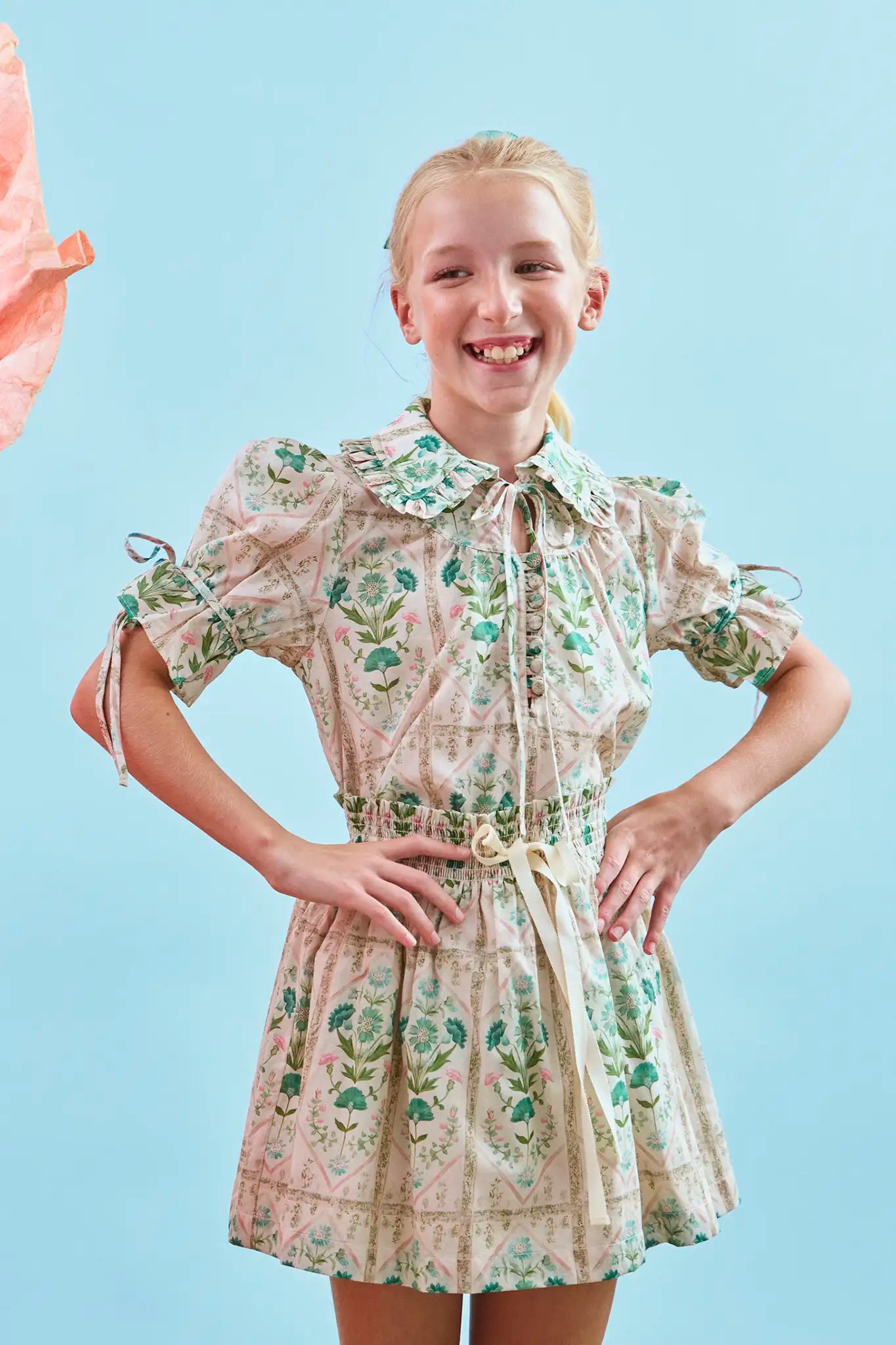 The Rosie Skirt in Pink Trellis paired with matching Kids Mayfair Top.