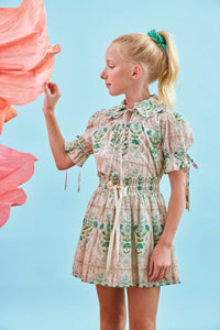 The Rosie Skirt in Pink Trellis paired with matching Kids Mayfair Top.