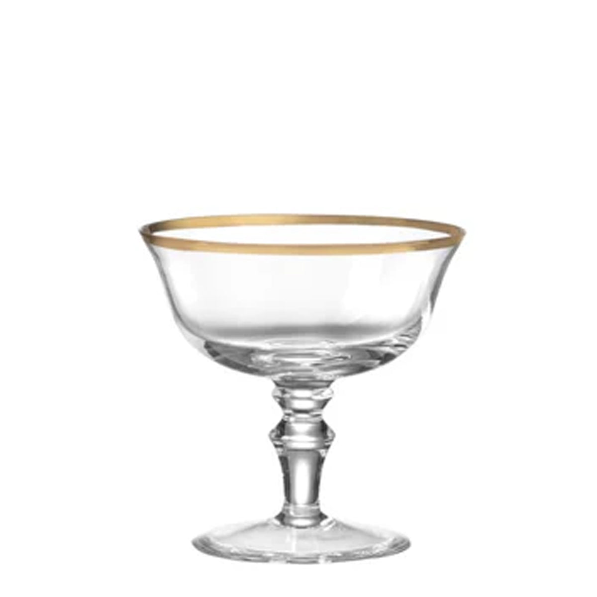 Front view of Medici Champagne Goblets set of 2 showcasing gold thread rim on white background