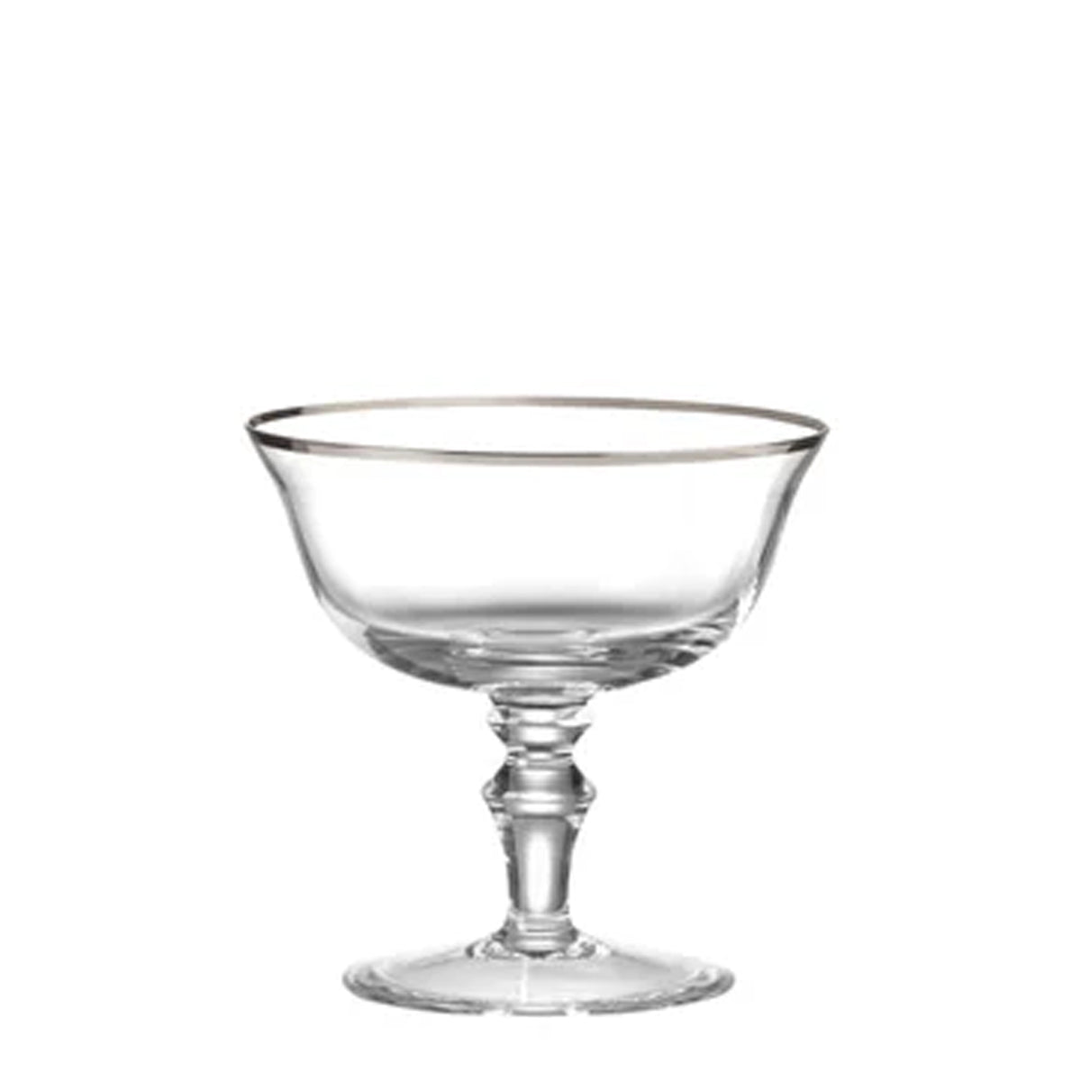 Front view of Medici champagne goblet showcasing a platinum thread rim on a white background