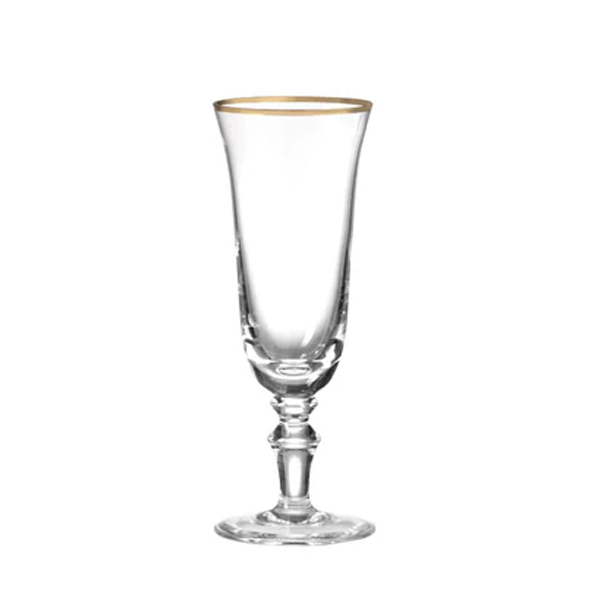 Front view of a Medici flute goblet from the set of 2, showcasing a gold thread rim and clear crystal on white background
