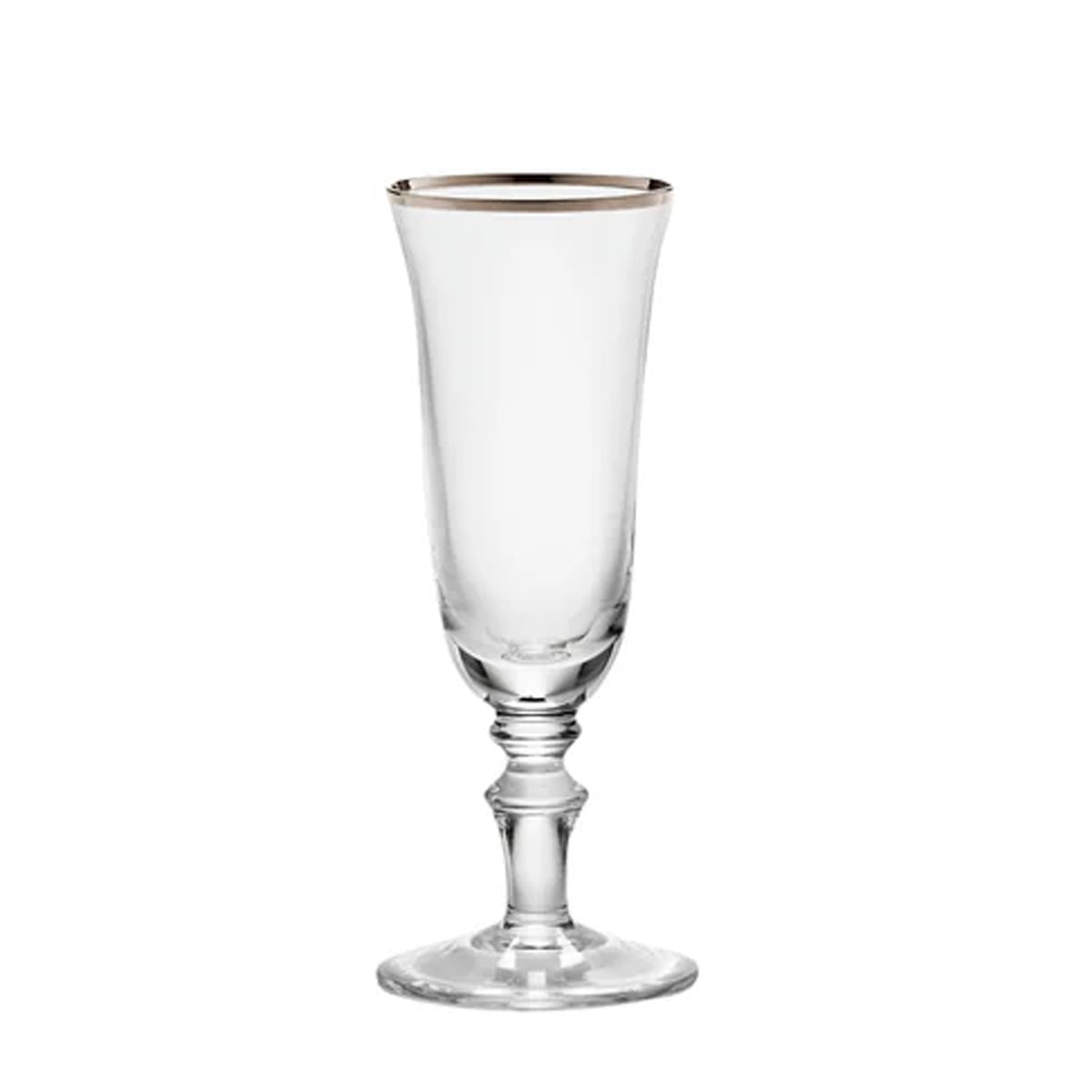 Front view of Medici flute goblet showcasing platinum thread rim and clear crystal with a white background