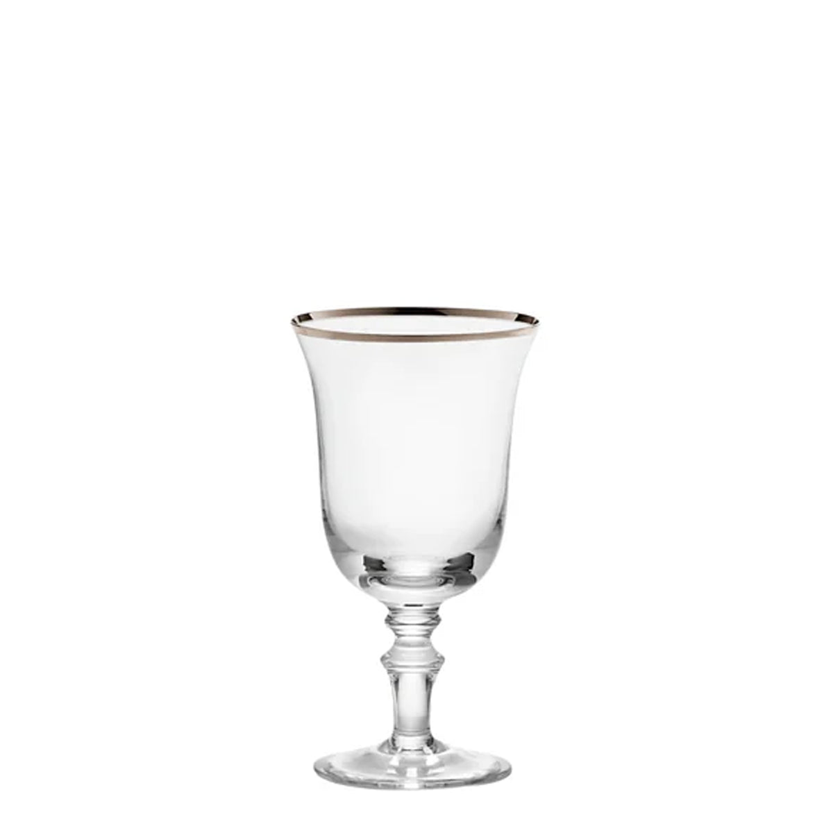Front view of Medici liquor goblet showcasing platinum thread rim and clear mouth-blown crystal with a white background