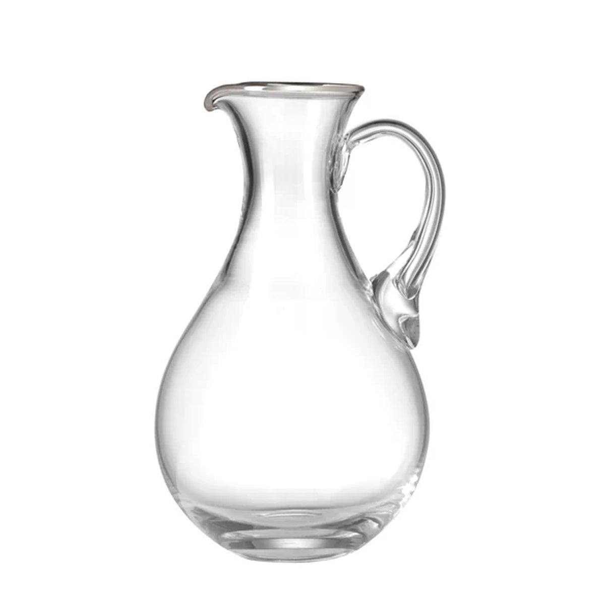 Front view of Medici Pitcher Platinum Thread showcasing clear mouth-blown crystal and platinum detailing on a white background