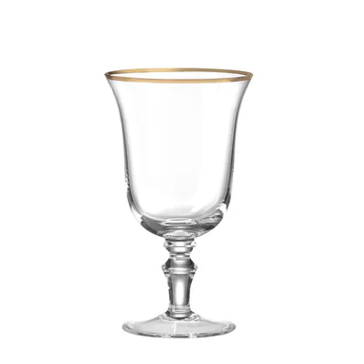 Front view of Medici Water Goblets Gold Thread, Set of 2 showcasing gold-thread rims with white background