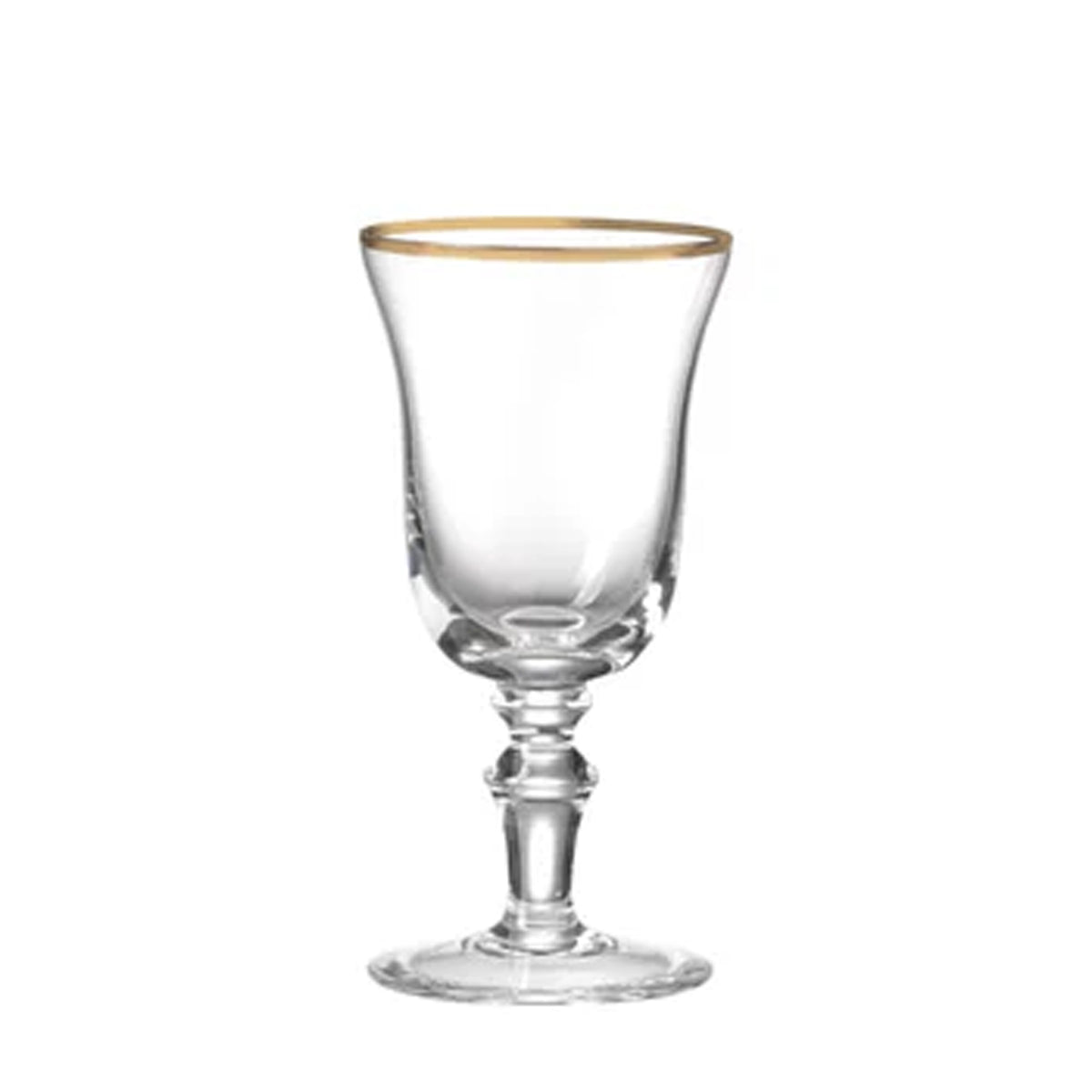 Front view of Medici wine goblets, set of 2, showcasing gold thread rims and clear crystal with white background
