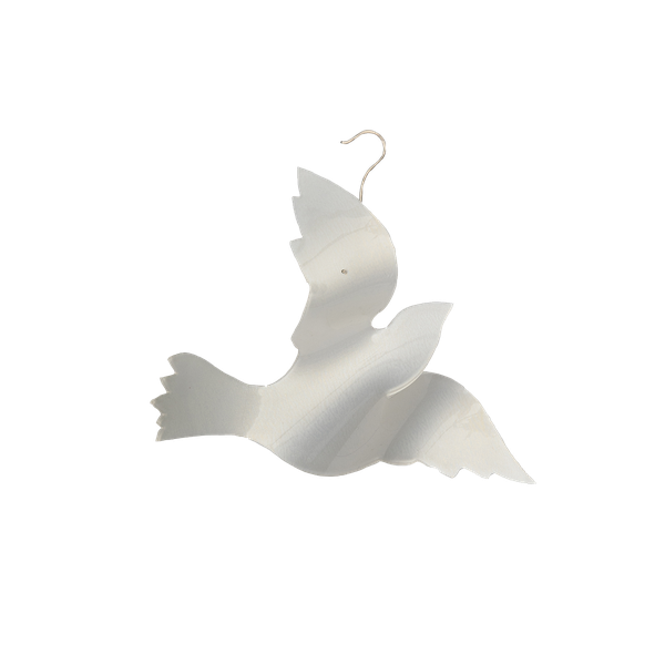 Front view of medium acrylic dove ornament showcasing layered curved wings and gold hanging hook on white background