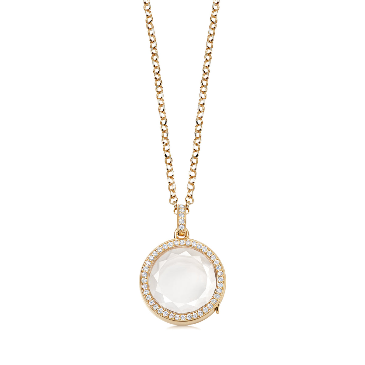 Front view of diamond locket on adjustable rolo gold chain with faceted clear sapphire facade and diamond border