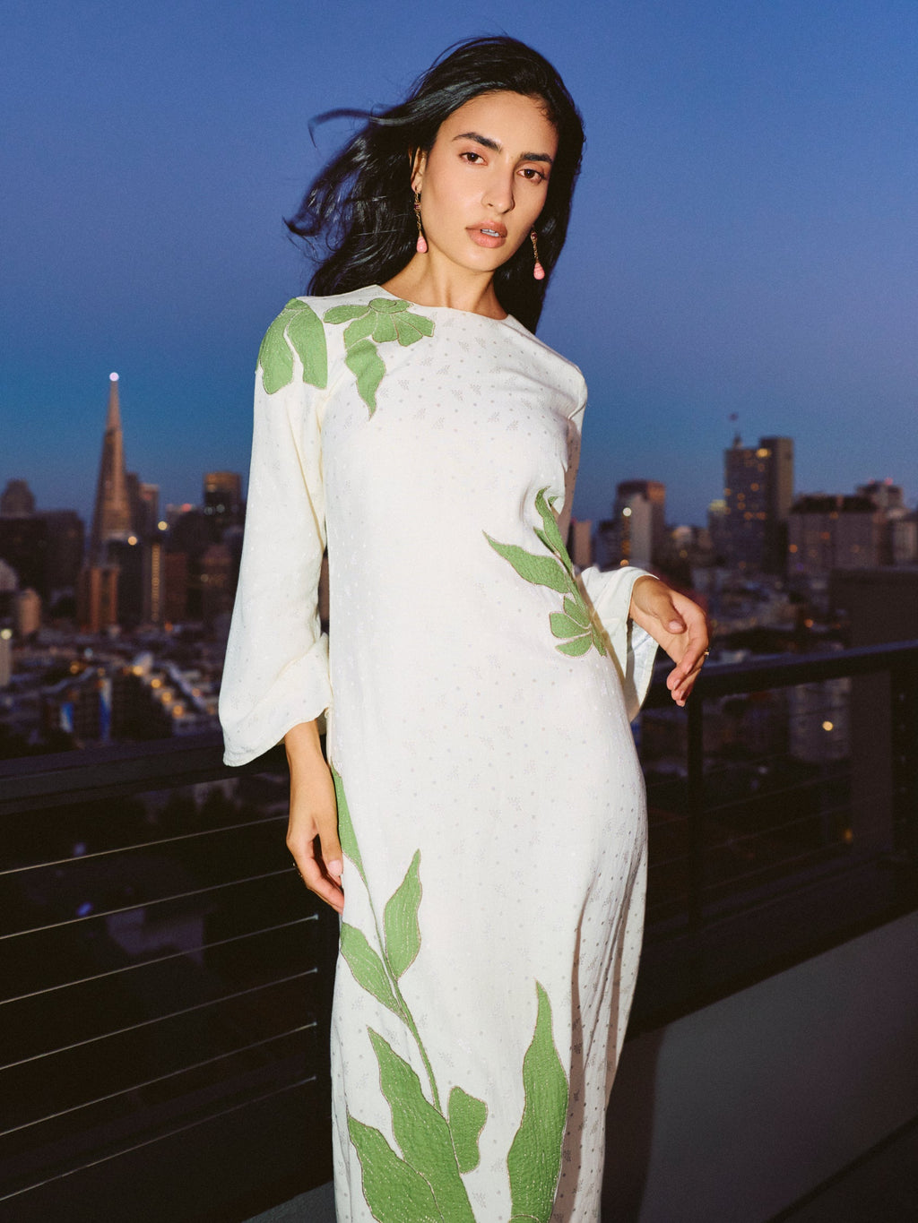 Ariana Dress in Ivory with Green Appliqué