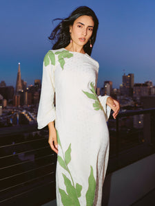 Ariana Dress in Ivory with Green Appliqué