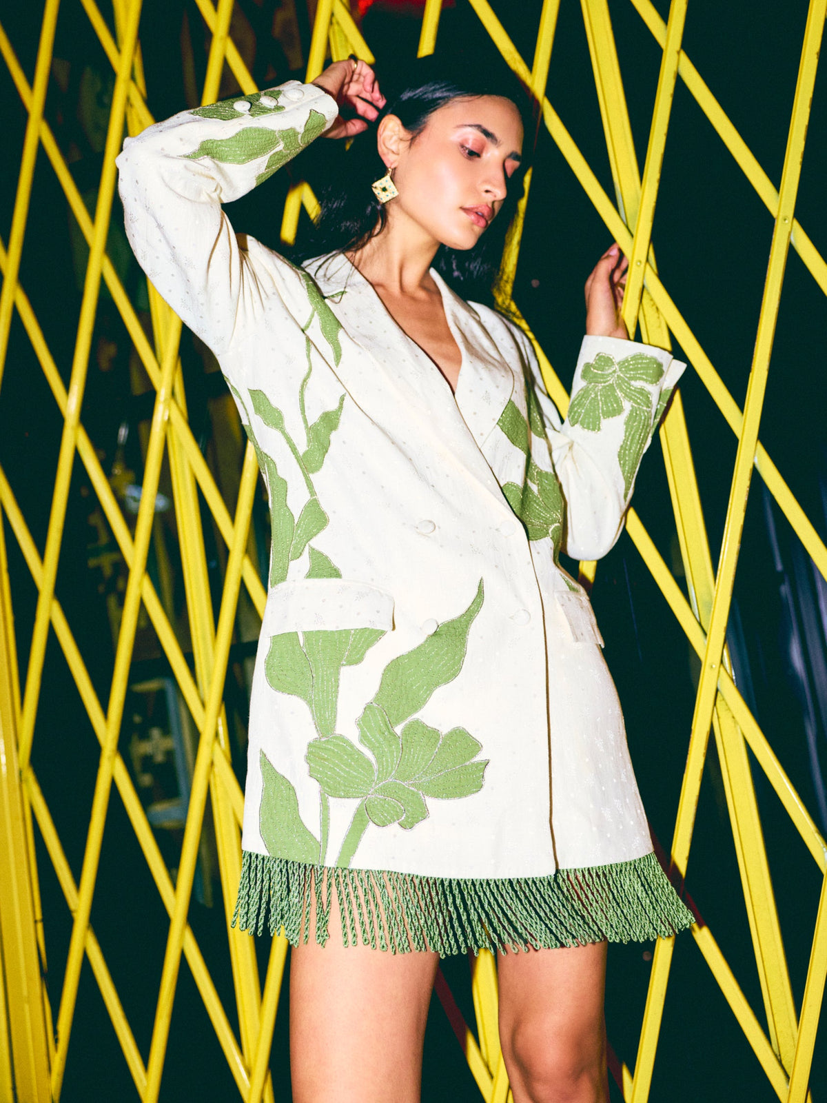 Alex Blazer Dress in Ivory wth Green Appliqué