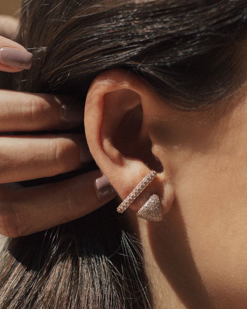 The Diamond Earring Cup shown paired with the Megahuggy., 14k yellow gold, 14k rose gold, 14k white gold