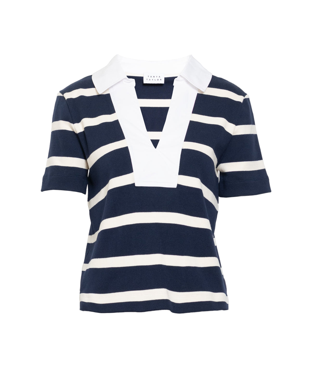 Front view of Melanie Top in Maritime Blue and Cream Wide Stripe with contrasting V-neckline and collar on white background