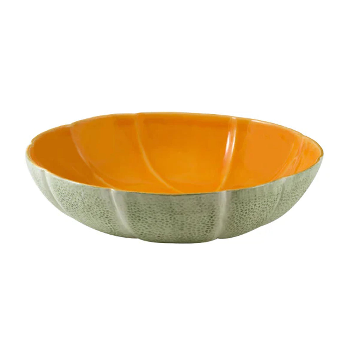 Three-quarter view of Melon Fruit Bowl 34 oz showcasing orange interior and textured green melon rind exterior with a white background