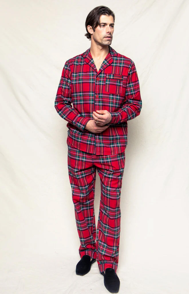 Front view of Men’s Imperial Tartan pajama set showing red tartan, button-front top with chest pocket on light backdrop
