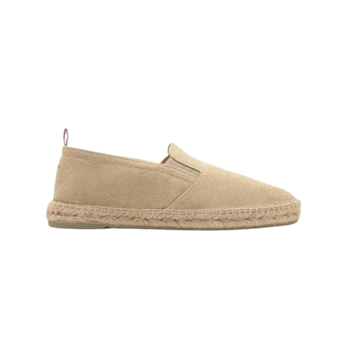 Side view of Men’s Joel 2 Espadrille in Sand Cotton showcasing its slip-on design, elastic side straps, and jute sole