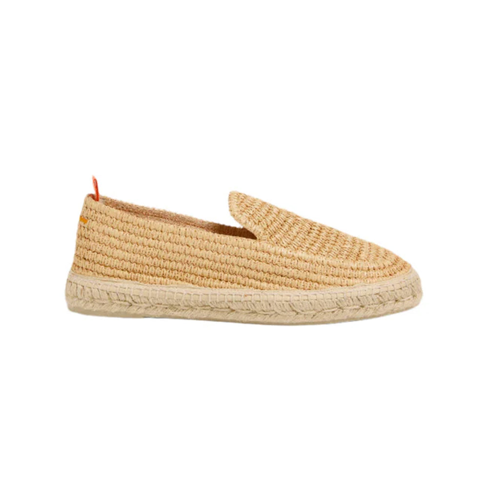 Side view of Men’s Moccasin Joaquin in Natural showcasing its raffia upper and jute sole with a white background
