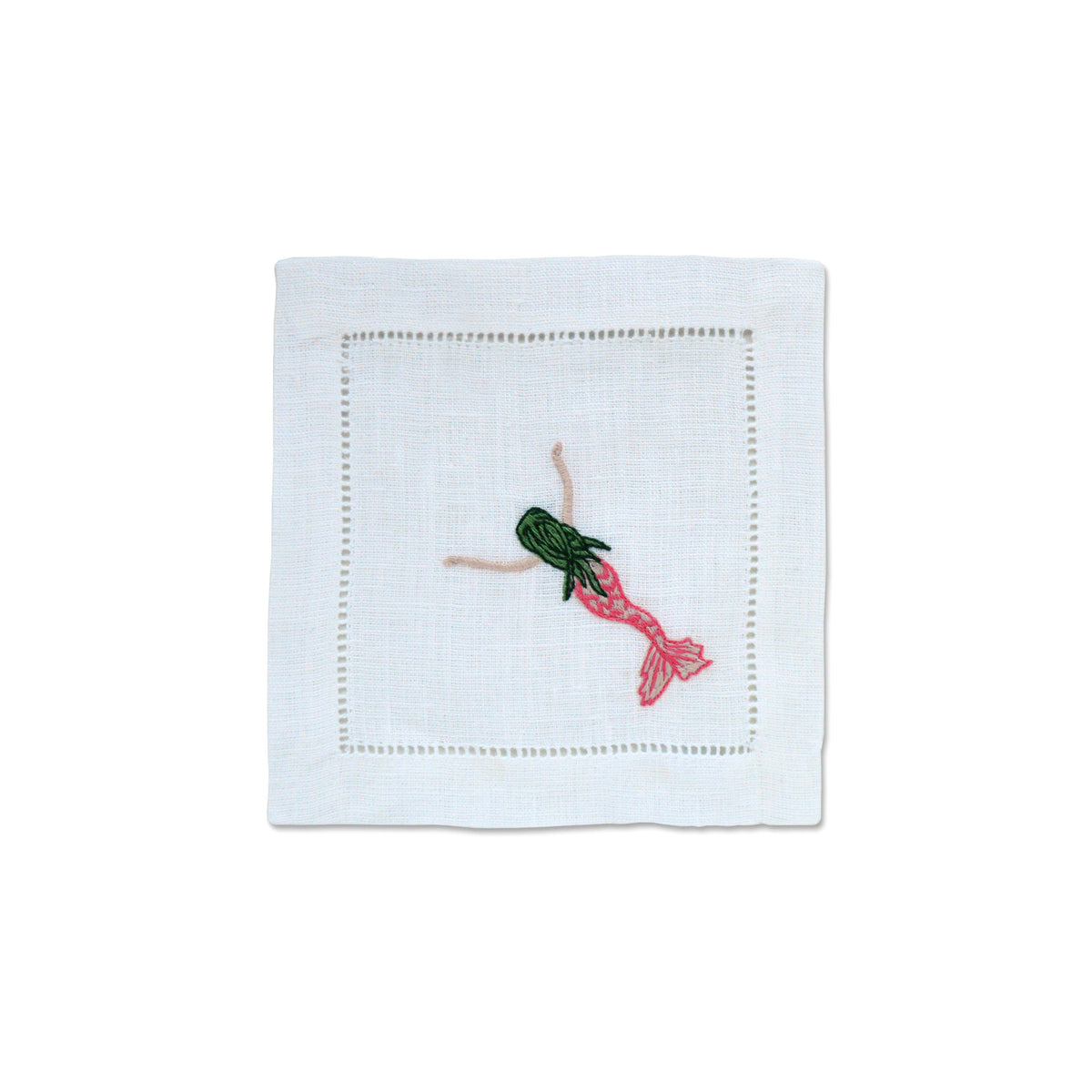 Front view of Mermaid Cocktail Napkins showcasing embroidered mermaid and stitched border on blue linen with white background