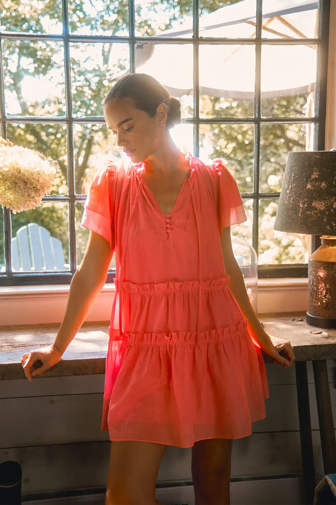 Peony cotton-silk voile swing mini dress with a ruffled crew neckline & short tiered flutter sleeves