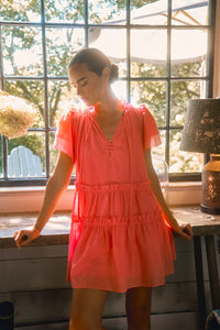 Peony cotton-silk voile swing mini dress with a ruffled crew neckline & short tiered flutter sleeves