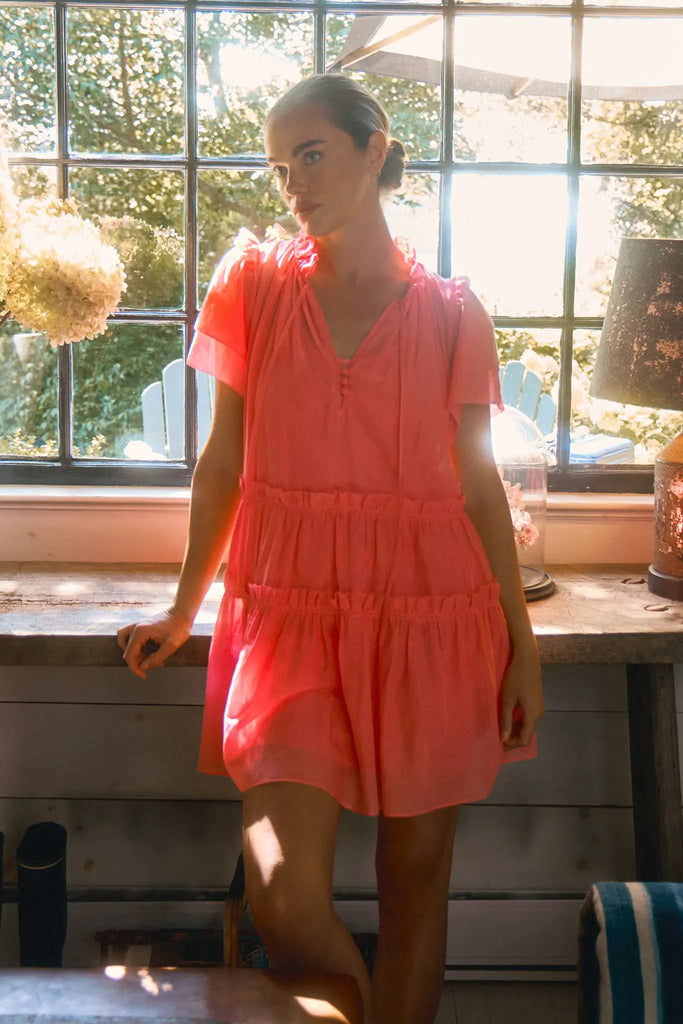 Peony cotton-silk voile swing mini dress with a ruffled crew neckline & short tiered flutter sleeves