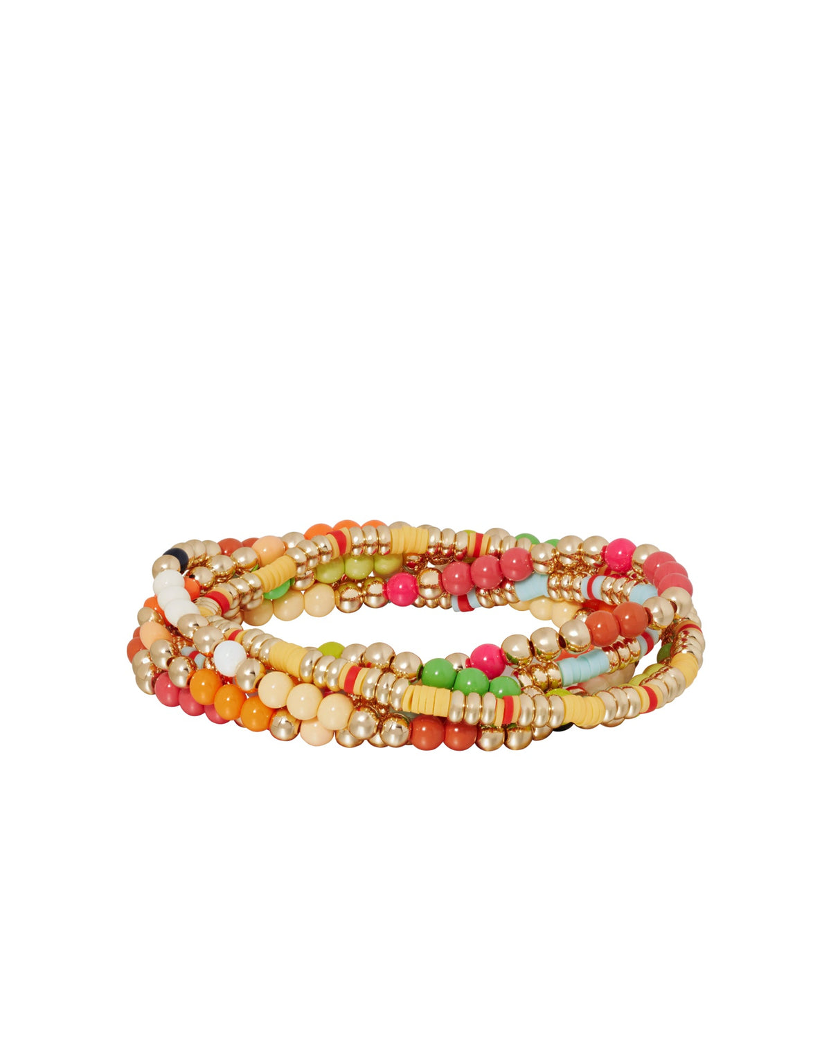 Front view of Merry & Bright Bunch bracelet set showcasing multicolor enamel and gold-tone beads on white background
