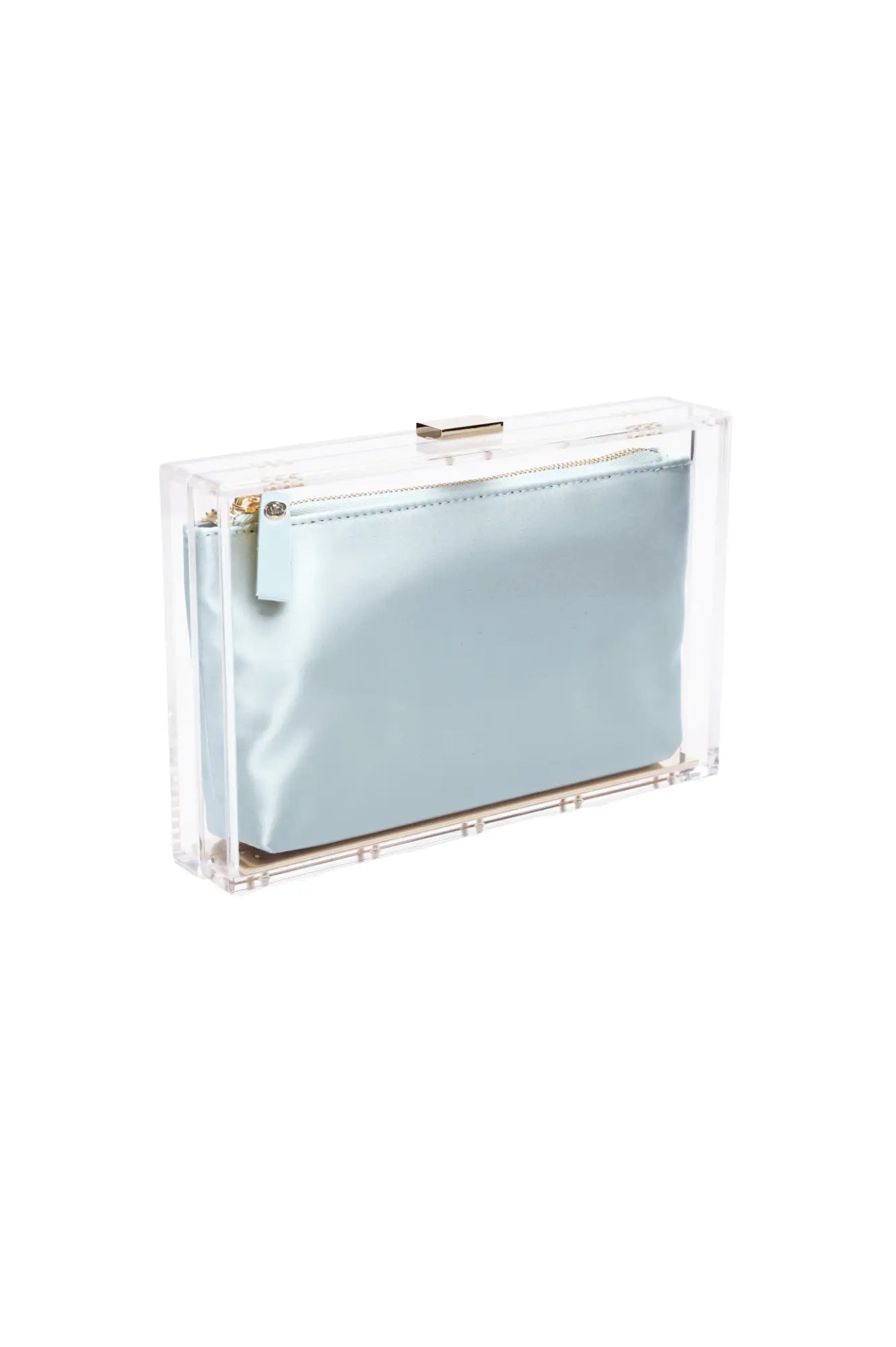 Transparent Mia Acrylic Clutch with a Cinderella Blue satin pouch insert by The Bella Rosa Collection.