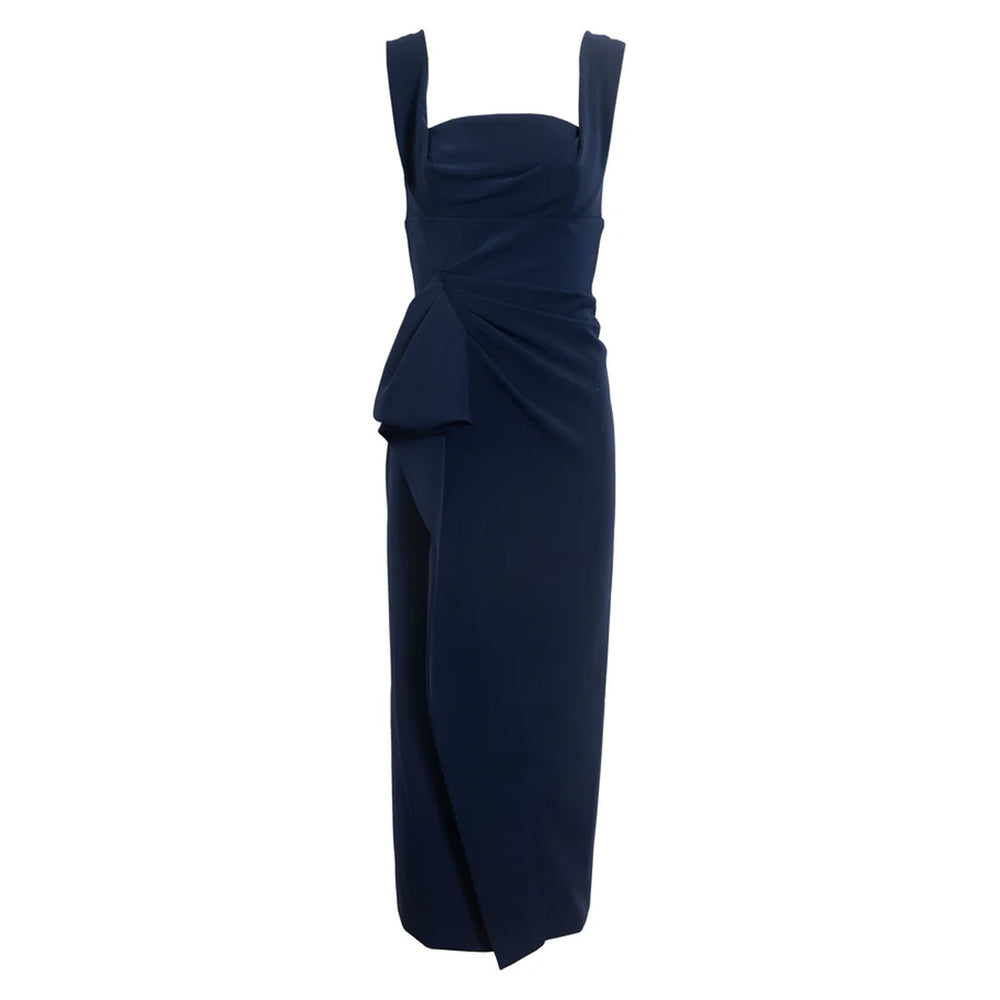 Front view of Mia Dress in Midnight with square ballet neckline, ruched draped bodice and side flounce at hip, midi skirt on white background