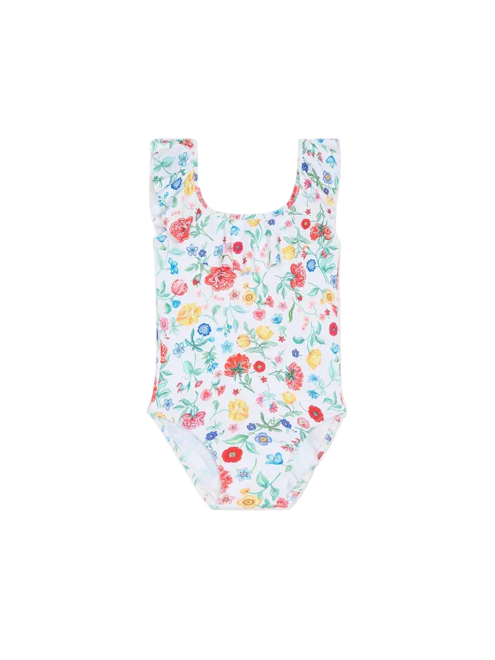 Front view of Mila Girl one-piece swimsuit showing ivory floral print, butterfly ruffle straps and scoop neckline on white background