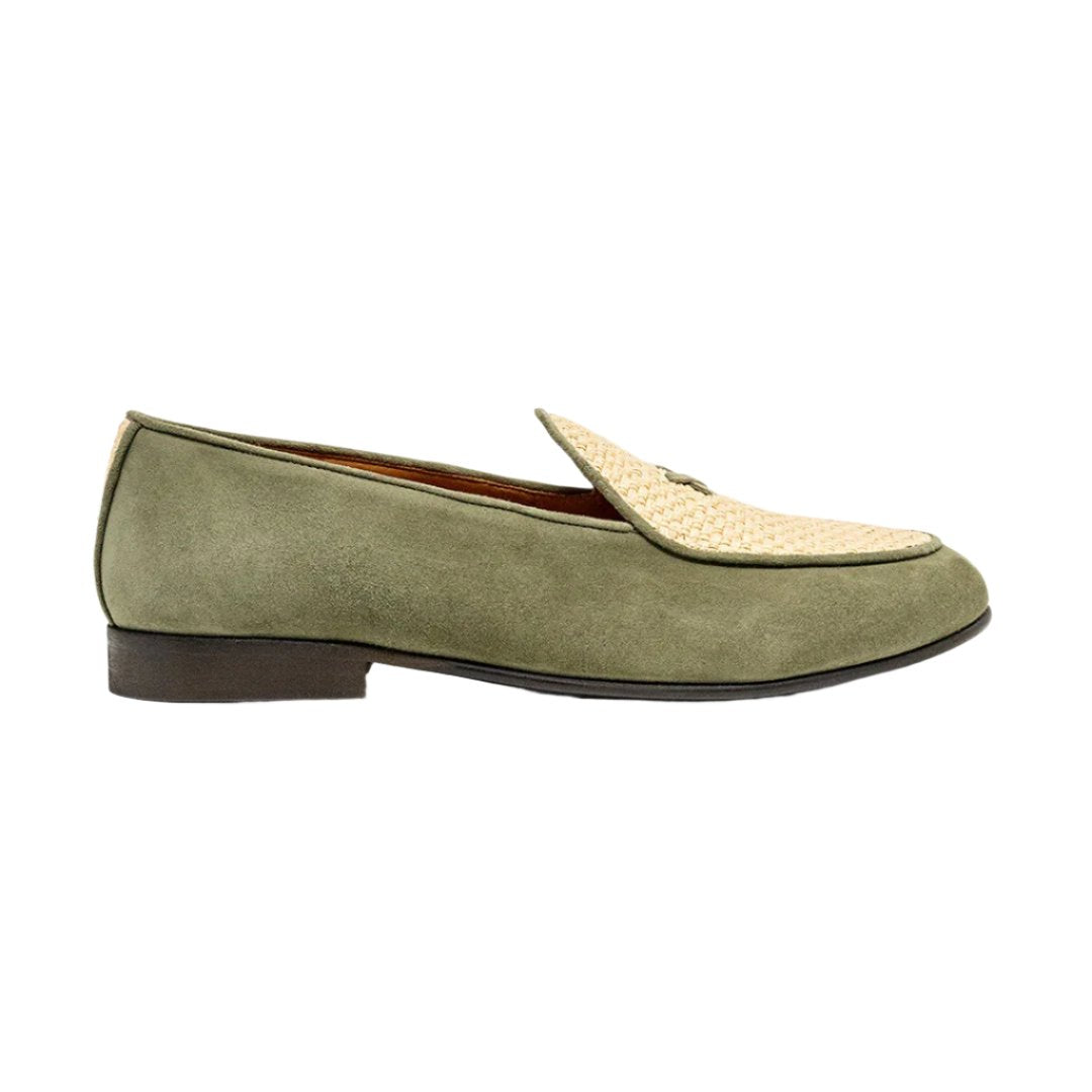 Side view of Women’s Olive Raffia Milano Loafer showcasing a soft raffia vamp and suede upper on a white background