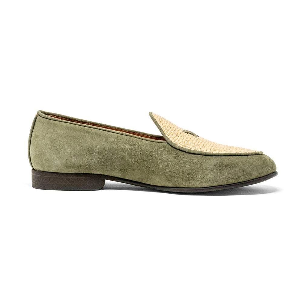 Side view of Men’s Olive Raffia Milano Loafer showcasing its soft, supple raffia vamp and suede upper on a white background