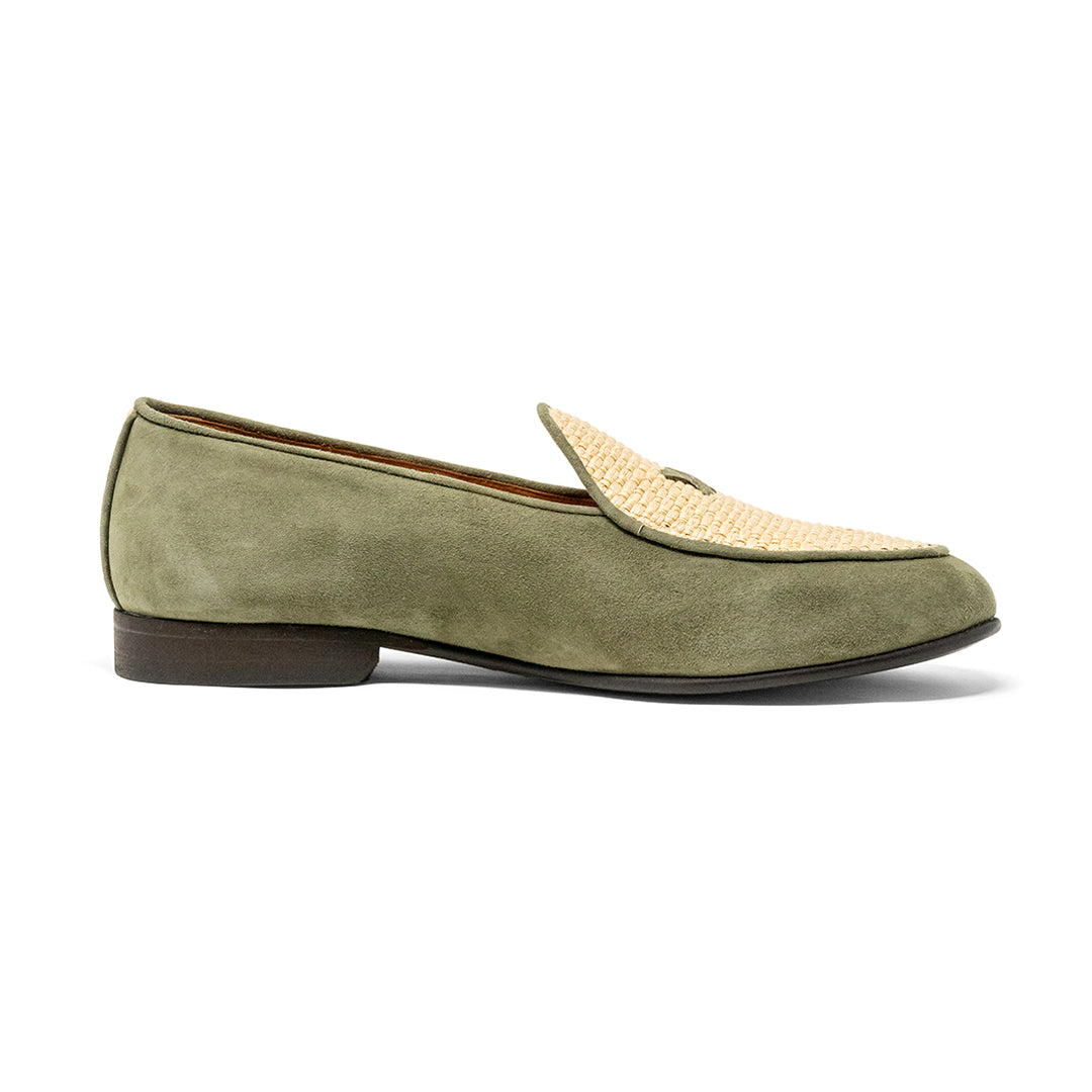 Side view of Men’s Olive Raffia Milano Loafer showcasing its soft, supple raffia vamp and suede upper on a white background
