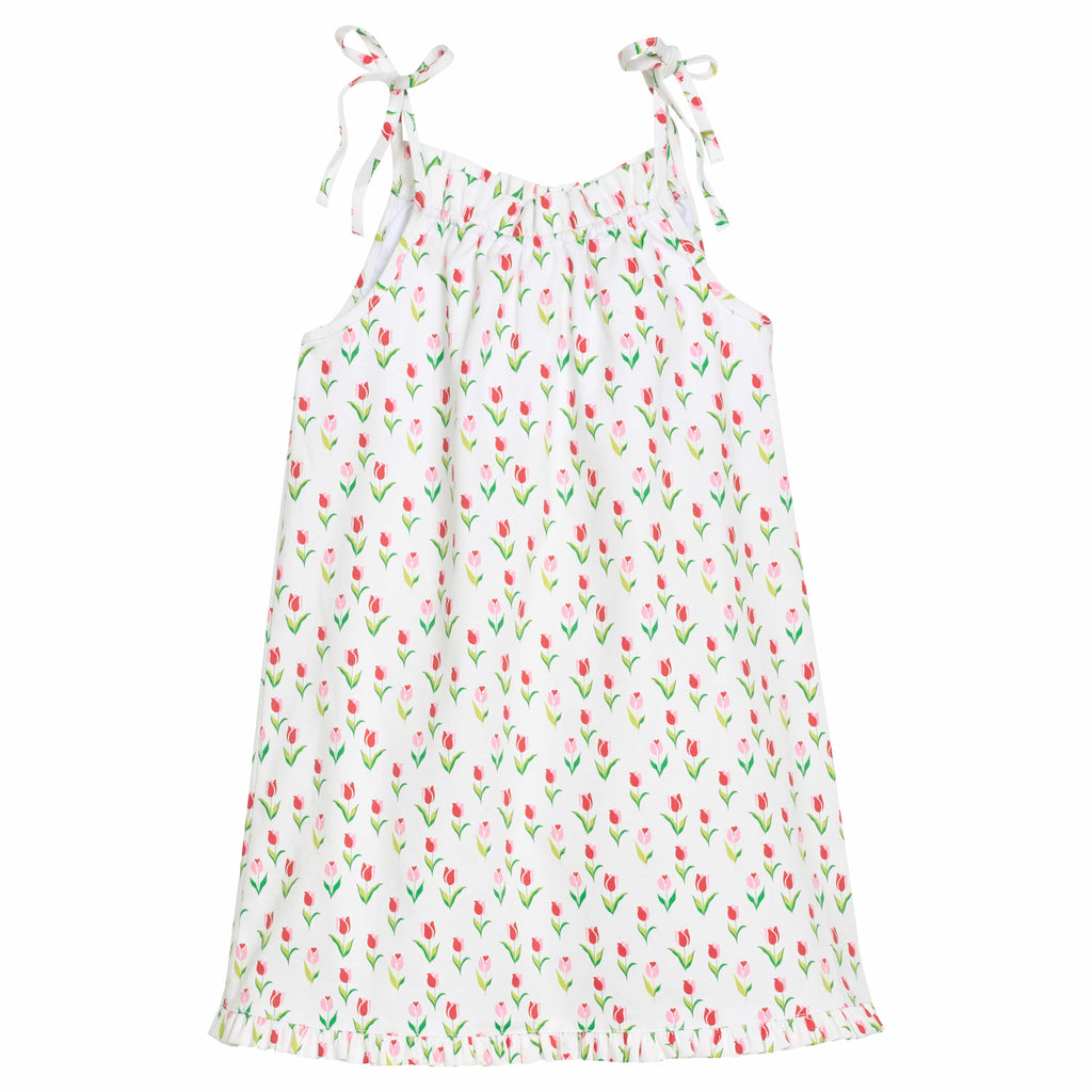 Little English girl's printed twill spaghetti strap dress with pink and red tulip pattern