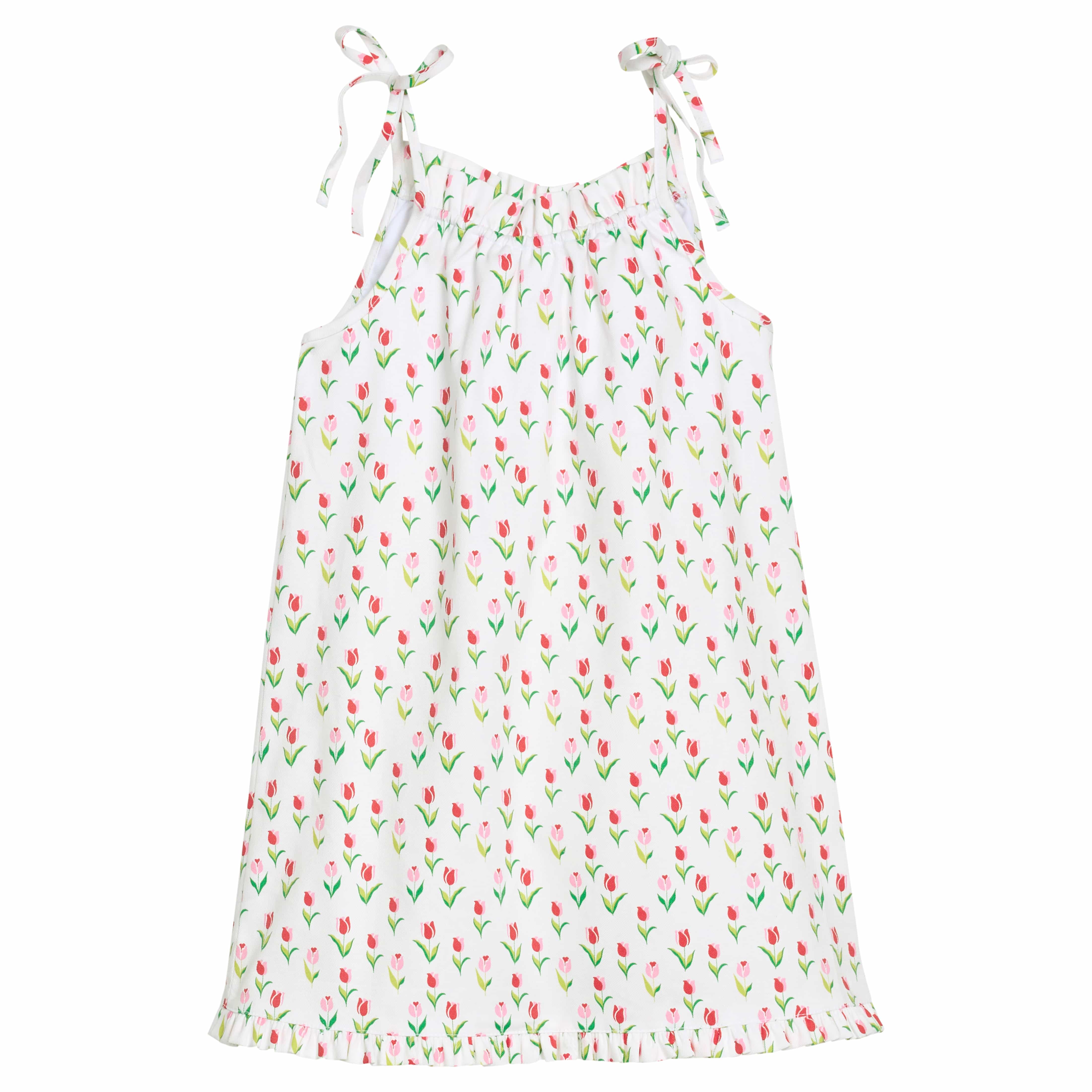 Little English girl's printed twill spaghetti strap dress with pink and red tulip pattern