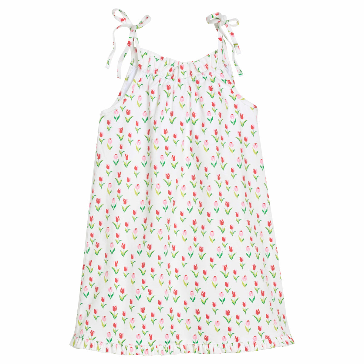 Little English girl's printed twill spaghetti strap dress with pink and red tulip pattern