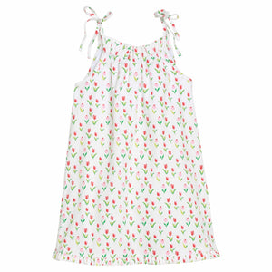 Little English girl's printed twill spaghetti strap dress with pink and red tulip pattern