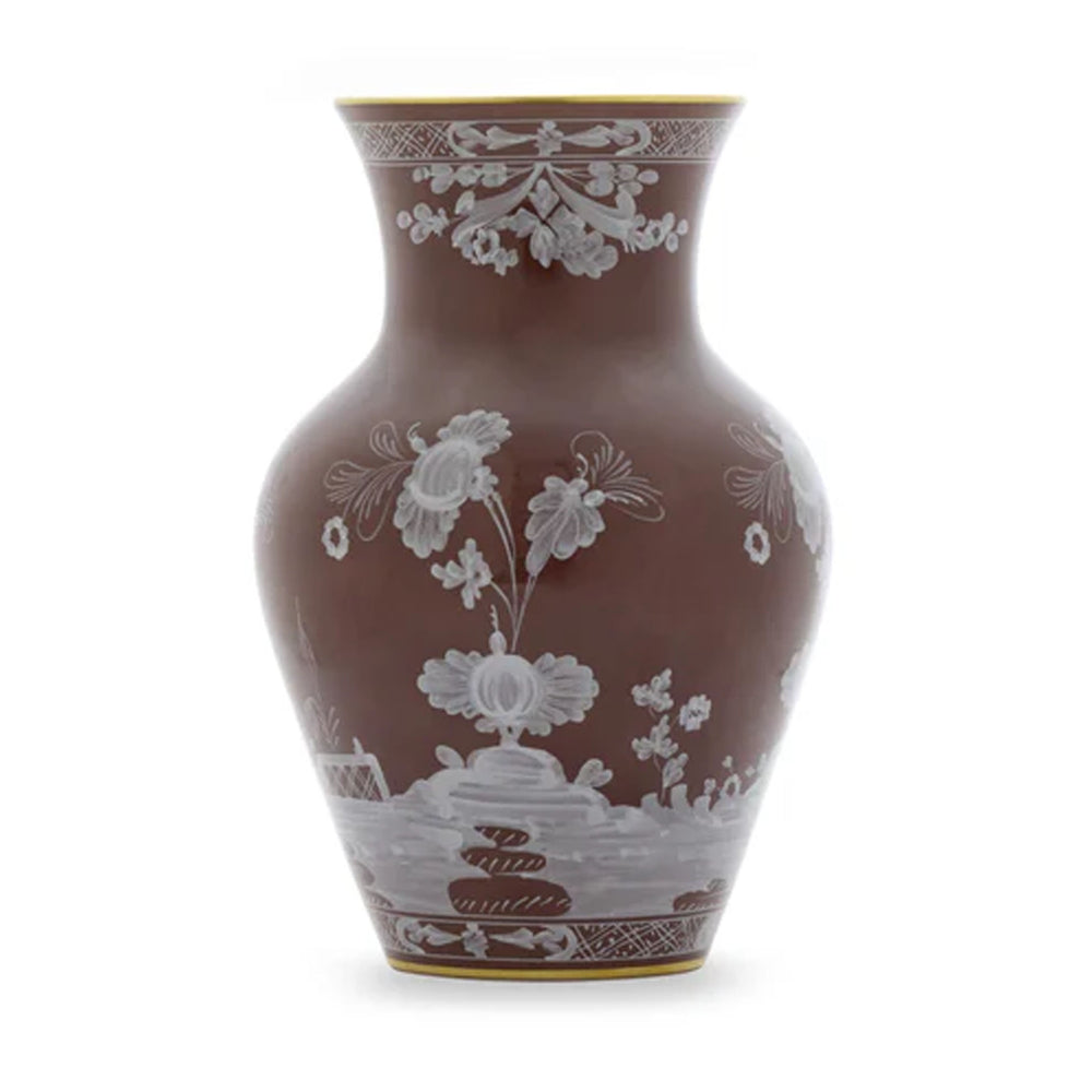 Front view of Oriente Italiano Ming Vase in Castagna showcasing white floral motifs on a brown porcelain vase with a white background