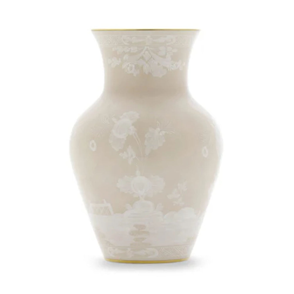 Front view of Oriente Italiano Ming Vase in Meringa showcasing white porcelain, floral motifs, and gold trim on a white background