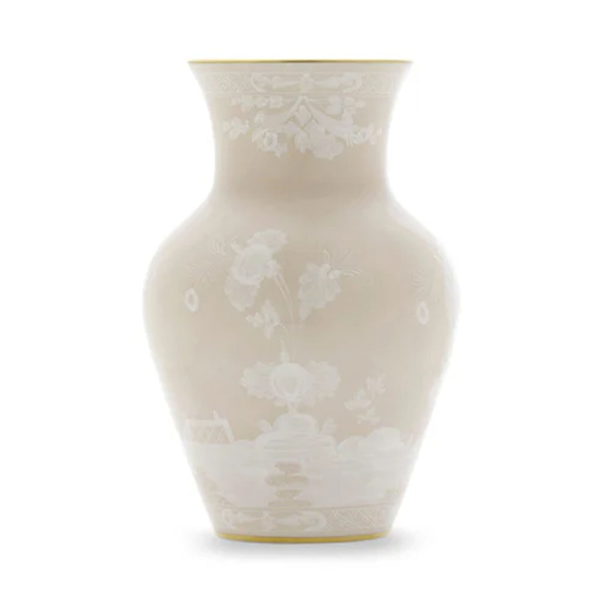 Front view of Oriente Italiano Ming Vase in Meringa showcasing white porcelain, floral motifs, and gold trim on a white background