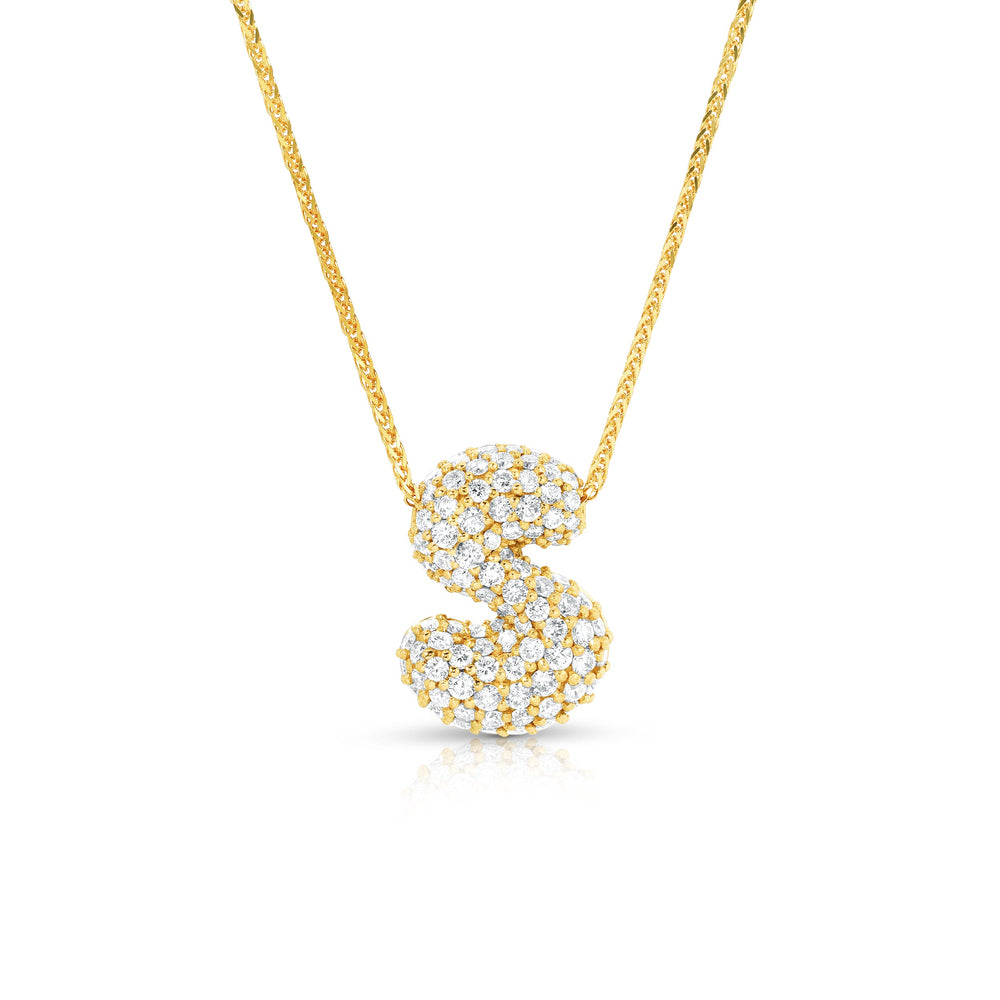 Front view of mini Diamond Bubble Letter S pendant with pavé diamonds on 14k yellow gold chain, white background