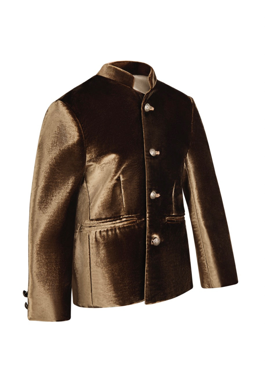 Angled three-quarter view of Mini Doree jacket in brown velvet with mandarin collar and silver buttons on white background