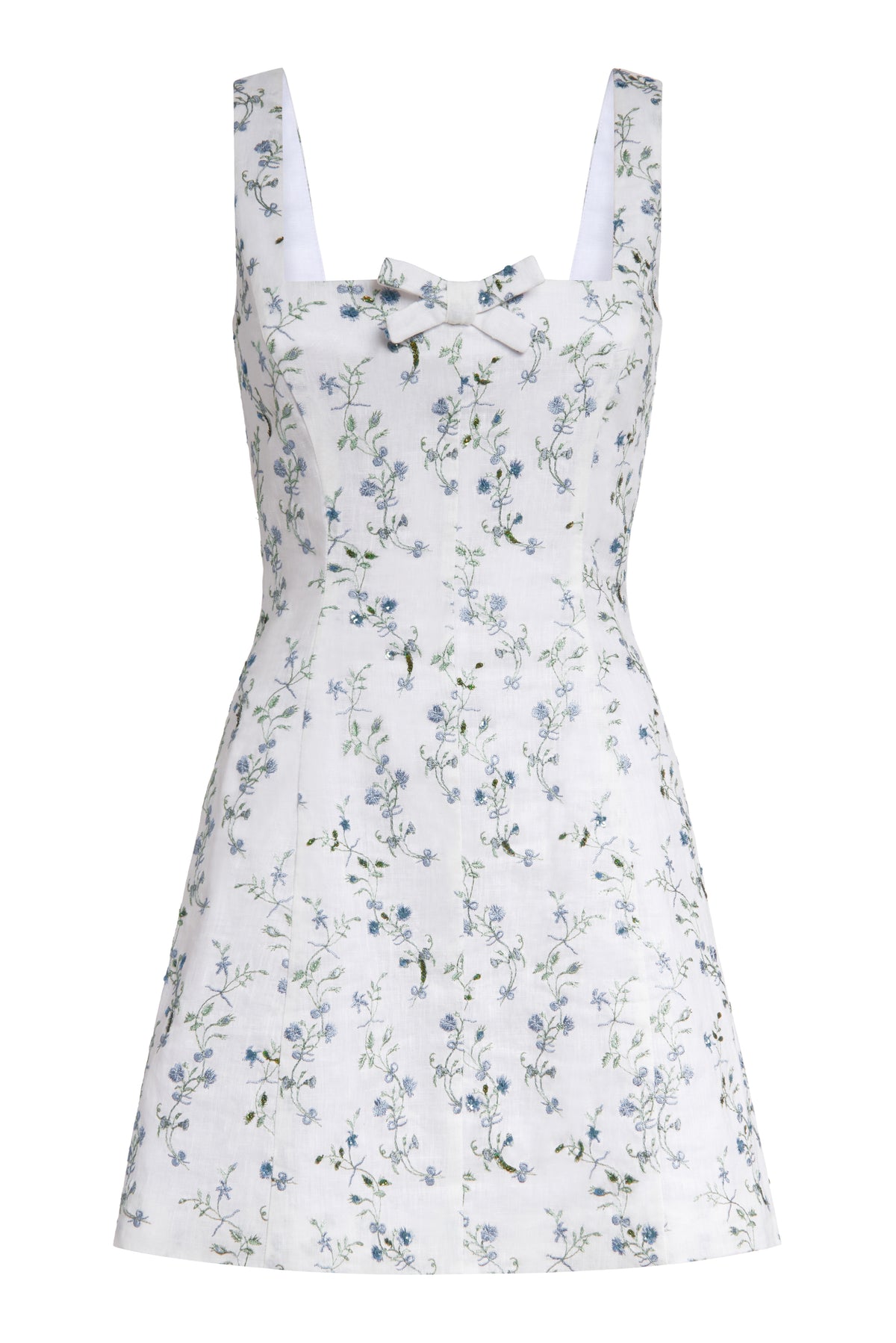 OTM Exclusive: Corinne Beaded Floral Embroidered Square Neck Mini Dress With Bow Detail