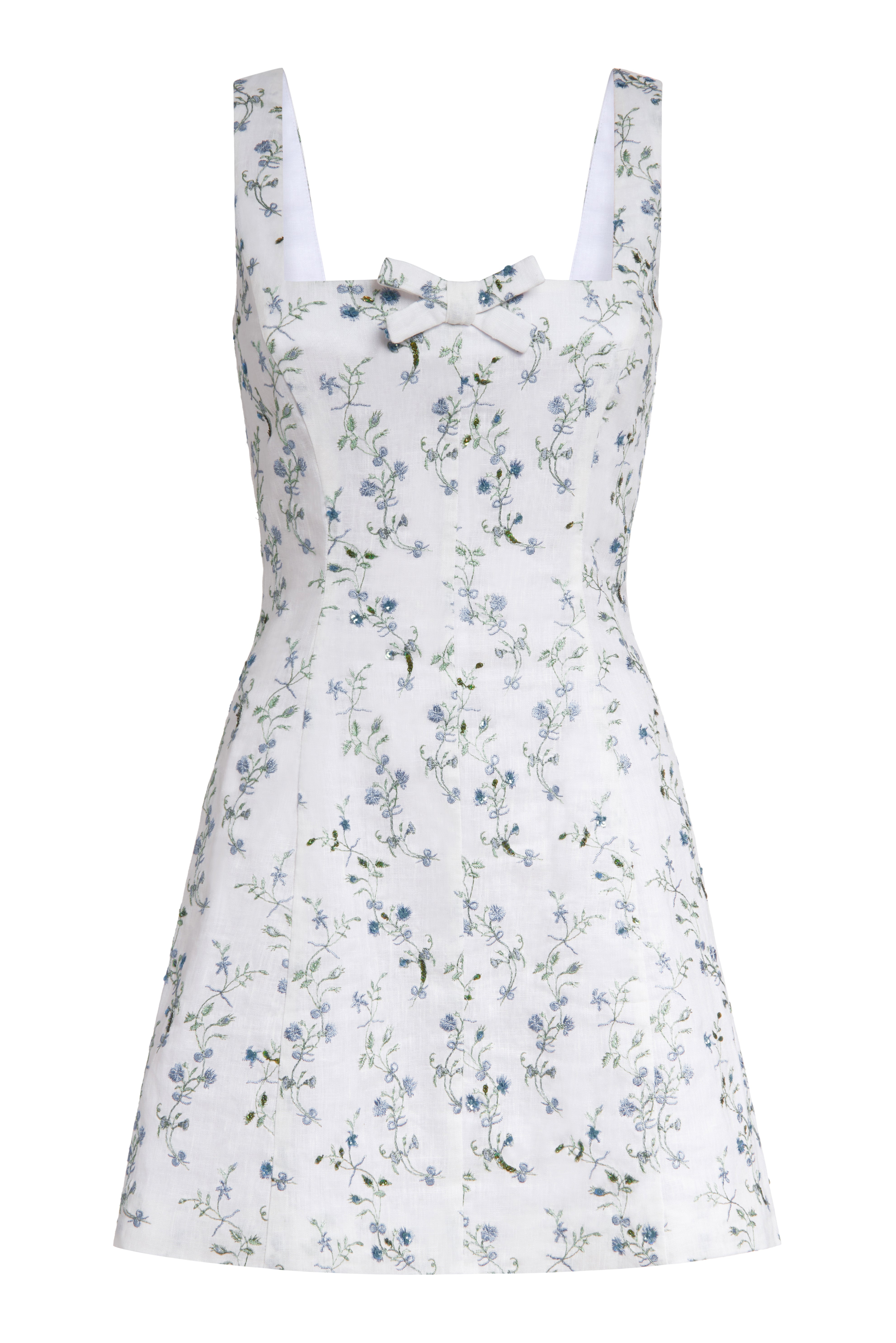 OTM Exclusive: Linen Corinne Beaded Floral Embroidered Mini Dress With Bow