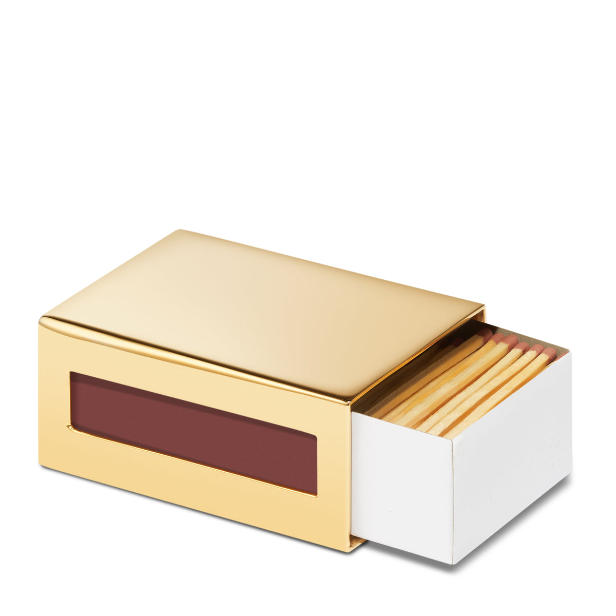 Front three-quarter view of Mini Match Sleeve with Matches showcasing smooth warm brass case, open side with matches and strike card on white background