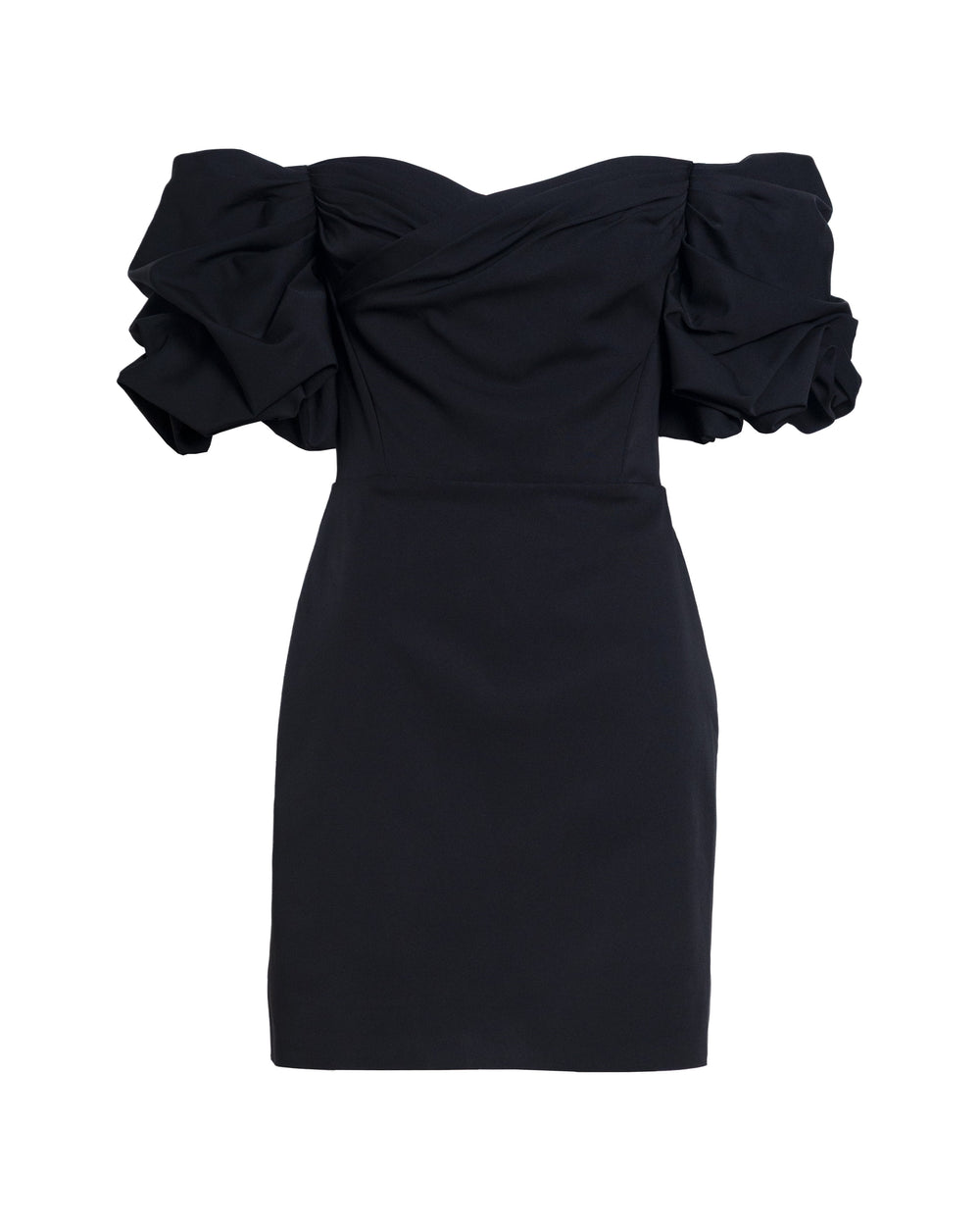 Front of Mini Tess Dress in Noir with off-shoulder sweetheart neckline, voluminous puff sleeves, and fitted mini on white