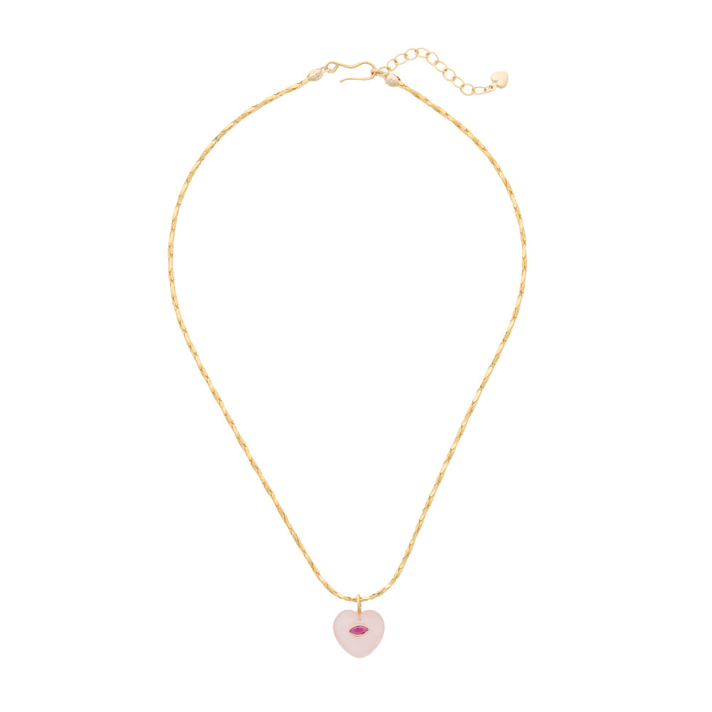 Front view of Mini Love Always Necklace: rose quartz heart pendant with pink inlay on gold-plated twisted chain