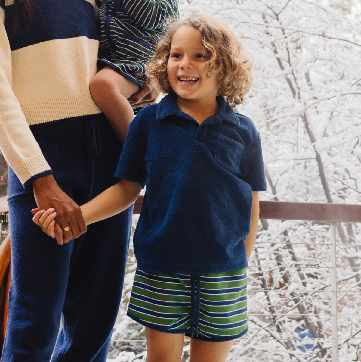 Unisex Navy French Terry Polo With Evergreen Trim